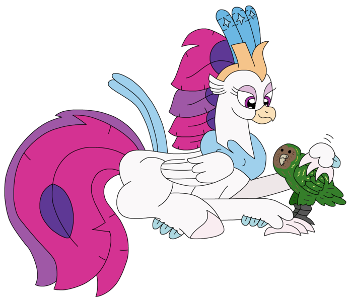 Size: 2720x2334 | Tagged: safe, artist:supahdonarudo, derpibooru import, queen novo, bird, classical hippogriff, hippogriff, parrot, series:novoember, my little pony: the movie, image, kakapo, lying down, petting, png, prone, simple background, transparent background