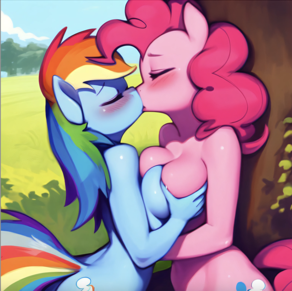 Size: 1412x1408 | Tagged: questionable, ai content, machine learning generated, stable diffusion, pinkie pie, rainbow dash, anthro, earth pony, pegasus, blushing, breast fondling, breasts, busty pinkie pie, busty rainbow dash, embracing, exhibitionism, female, image, in love, kissing, lesbian, lesbian couple, moaning, moaning in pleasure, nudity, pinkiedash, png, public park, shipping, symmetrical docking, tree, under a tree