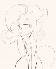 Size: 1363x1682 | Tagged: questionable, alternate version, artist:moistcakes, derpibooru import, rarity, semi-anthro, unicorn, belly button, breasts, female, grayscale, heart, heart eyes, image, jpeg, lip bite, looking away, looking sideways, looking to the right, mischievous, monochrome, nipples, nudity, raised hoof, sideways glance, sketch, small breasts, solo, thighs, thunder thighs, wide hips, wingding eyes