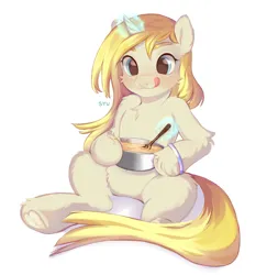 Size: 4617x4752 | Tagged: safe, artist:syu, derpibooru import, oc, oc:banana pancakes, fluffy pony, unicorn, adorable face, baking, big eyes, blonde hair, blonde mane, blue eyes, blushing, bracelet, commission, cute, ear fluff, fluffy, food, hooves, image, jewelry, licking, licking lips, looking at something, magic, pancakes, png, shiny, simple background, sitting, solo, spoon, tongue out
