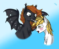 Size: 4200x3496 | Tagged: safe, artist:sroka001, derpibooru import, oc, oc:srok, bat pony, pony, unicorn, duo, image, png