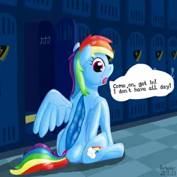Size: 4096x4096 | Tagged: suggestive, artist:barhandar, rainbow dash, inflatable pony, latex pony, original species, pegasus, pony, rubber pony, clothes, female, fetish, image, inflatable, latex, latex skin, living suit, locker, looking at you, looking back, looking back at you, mare, mask, masking, open mouth, png, rubber, seams, signature, sitting, solo, uniform, wonderbolts academy (place), wonderbolts uniform, zipper