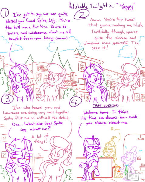 Size: 4779x6013 | Tagged: safe, artist:adorkabletwilightandfriends, derpibooru import, lily, lily valley, moondancer, spike, twilight sparkle, twilight sparkle (alicorn), alicorn, comic:adorkable twilight and friends, adorkable, adorkable twilight, angry, blushing, crossed legs, cute, dork, downtown, ear blush, embarrassed, friendship, happy, image, kitchen, necktie, outdoors, png, ponyville, sitting, smiling, suitcase, sweat, sweatdrop, upset