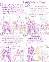 Size: 4779x6013 | Tagged: safe, artist:adorkabletwilightandfriends, derpibooru import, lily, lily valley, moondancer, spike, twilight sparkle, twilight sparkle (alicorn), alicorn, comic:adorkable twilight and friends, adorkable, adorkable twilight, angry, blushing, crossed legs, cute, dork, downtown, ear blush, embarrassed, friendship, happy, image, kitchen, necktie, outdoors, png, ponyville, sitting, smiling, suitcase, sweat, sweatdrop, upset