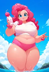 Size: 832x1216 | Tagged: suggestive, ai content, derpibooru import, machine learning generated, novelai, stable diffusion, pinkie pie, earth pony, human, bbw, big breasts, breasts, busty pinkie pie, candy, chubby, clothes, curvy, dessert, dummy thicc, fat, fat fetish, fetish, food, humanized, image, jewelry, large butt, love handles, muffin top, ocean, plump, png, pudgy, pudgy pie, round, round belly, shake, shiny, sweets, thighs, thunder thighs, tight clothing, tight fit, water, wide hips