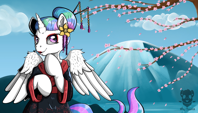 Size: 3500x2000 | Tagged: safe, artist:valemjj, derpibooru import, princess celestia, alicorn, cherry blossoms, cherry tree, clothes, eyeshadow, female, flower, flower blossom, g4, image, jpeg, kimono (clothing), lipstick, makeup, mountain, solo, tree