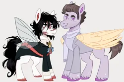 Size: 1408x931 | Tagged: safe, artist:serendippertyyy, derpibooru import, ponified, pegasus, pony, beelzebub, clothes, crossover, gabriel, good omens, image, insect wings, jpeg, markings, simple background, unshorn fetlocks, wings