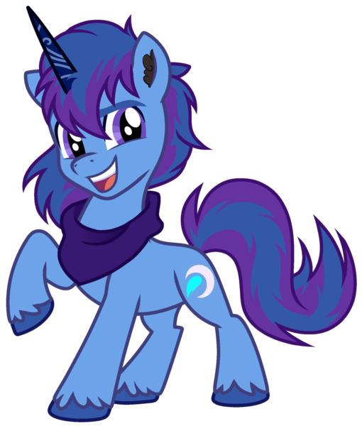 Size: 2017x2371 | Tagged: safe, artist:vi45, derpibooru import, oc, oc:bak, unofficial characters only, pony, unicorn, derpibooru community collaboration, 2024 community collab, blue mane, clothes, horn, image, looking at you, male, png, purple eyes, purple mane, scarf, simple background, solo, solo male, stallion, transparent background, unicorn oc