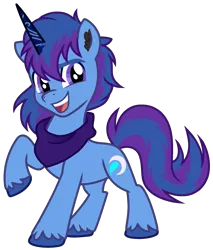 Size: 2017x2371 | Tagged: safe, artist:vi45, derpibooru import, oc, oc:bak, unofficial characters only, pony, unicorn, derpibooru community collaboration, 2024 community collab, blue mane, clothes, horn, image, looking at you, male, png, purple eyes, purple mane, scarf, simple background, solo, solo male, stallion, transparent background, unicorn oc