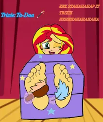 Size: 827x975 | Tagged: safe, artist:zeekthatgeek, derpibooru import, sunset shimmer, human, equestria girls, barefoot, blushing, bondage, brush, crying, feather, feet, fetish, foot fetish, foot focus, image, implied trixie, jpeg, laughing, magic, offscreen character, offscreen human, one eye closed, open mouth, open smile, smiling, soles, tears of laughter, telekinesis, tickling, toes