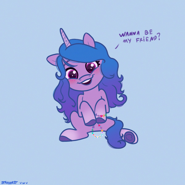 Size: 2480x2480 | Tagged: safe, artist:starburstuwu, derpibooru import, izzy moonbow, pony, unicorn, g5, blue background, bracelet, cute, dialogue, female, filly, foal, friendship bracelet, frog (hoof), hoof heart, hoof hold, image, izzybetes, jewelry, jpeg, looking at you, simple background, solo, talking to viewer, underhoof, younger, younger female