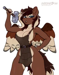 Size: 2032x2588 | Tagged: suggestive, artist:dandy, derpibooru import, oc, oc:hammer swing, unofficial characters only, anthro, pegasus, apron, areola, areola slip, belt, big breasts, blacksmith, breasts, cleavage, clothes, commission, countershading, ear fluff, female, flexing, hammer, hand on hip, high res, image, looking at you, naked apron, partial nudity, pegasus oc, png, simple background, solo, solo female, white background, wings