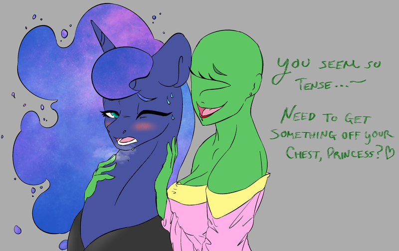 Size: 3701x2326 | Tagged: suggestive, artist:2hrnap, ponerpics import, ponybooru import, princess luna, oc, oc:anon, oc:femanon, alicorn, human, pony, blushing, breasts, cleavage, clothes, dialogue, dress, duo, ear piercing, earring, female, gray background, human female, image, jewelry, peytral, piercing, png, simple background, strapless, sweat