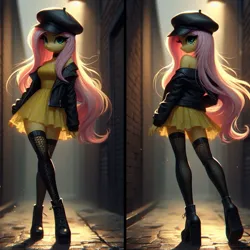 Size: 1024x1024 | Tagged: safe, ai content, derpibooru import, machine learning generated, fluttershy, alley, boots, clothes, collar, dress, fishnets, flat cap, generator:bing image creator, generator:dall-e 3, hat, image, jacket, jpeg, leather, leather boots, leather jacket, looking at you, minidress, shoes, socks, split screen, thigh highs, two sides