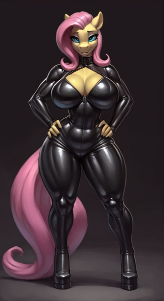 Size: 1120x2048 | Tagged: questionable, ai content, derpibooru import, machine learning generated, fluttershy, anthro, absolute cleavage, badass, big breasts, bodysuit, breasts, busty fluttershy, catsuit, cleavage, clothes, derpibooru exclusive, dominatrix, female, g4, hand on hip, high heels, image, latex, latex suit, png, prompter:inky heart, shoes, solo, solo female, thighs, thunder thighs