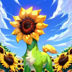 Size: 512x512 | Tagged: safe, ai content, derpibooru import, machine learning generated, prompter:natjo, stable diffusion, monster pony, original species, plant pony, blue sky, flower, generator:ponydiffusion, image, not salmon, plant, png, sunflower, wat