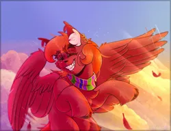 Size: 2189x1683 | Tagged: safe, artist:rozzyro, derpibooru import, oc, unofficial characters only, fluffy pony, original species, pegasus, atmosphere, blue background, clothes, cloud, cute, ear piercing, female, flying, happy, image, jpeg, orange hair, piercing, pink background, red fur, scarf, shading, simple background, sky, smiley face, smiling, sunset, sunshine