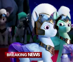 Size: 1278x1086 | Tagged: safe, derpibooru import, screencap, queen haven, pegasus, pony, g5, my little pony: a new generation, armor, breaking news, cropped, female, guardsmare, helmet, image, jpeg, lit up, mare, pegasus royal guard, royal guard, shocked, shocked expression, solo focus, thunder flap, zoom zephyrwing