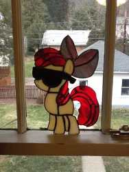 Size: 720x960 | Tagged: safe, derpibooru import, apple bloom, earth pony, pony, female, filly, foal, image, jpeg, photo, solo, stained glass (irl), sunglasses