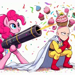Size: 1024x1024 | Tagged: safe, ai content, artist:meshari7, derpibooru import, machine learning generated, pinkie pie, earth pony, human, pony, candle, cannon, confetti, cupcake, female, food, image, jpeg, one punch man, party, party cannon, prompter:meshari7, saitama, solo