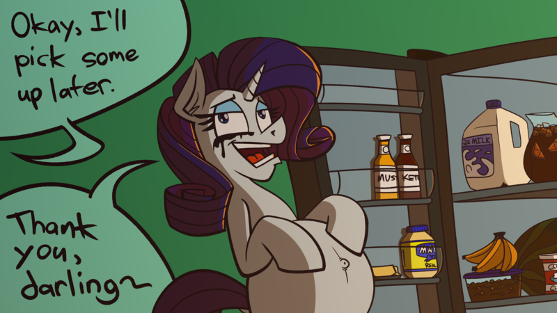 Size: 3840x2160 | Tagged: safe, artist:cowsrtasty, derpibooru import, rarity, unicorn, belly, belly button, big belly, commission, dock, drama queen, food, hooves on belly, image, joke, kitchen, marshmelodrama, mascara, open mouth, outie belly button, png, preggity, pregnant, punchline, rarity being rarity, refrigerator, running mascara, solo, speech bubble, standing on two hooves, tail