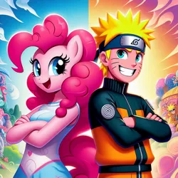 Size: 1024x1024 | Tagged: safe, ai content, artist:meshari7, derpibooru import, machine learning generated, pinkie pie, anthro, earth pony, human, pony, anime, crossed arms, crossover, female, grin, happy, headband, image, jpeg, male, naruto, open mouth, open smile, prompter:meshari7, smiling, solo, uzumaki naruto