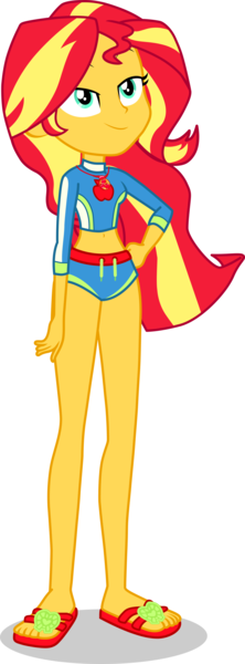 Size: 1504x4070 | Tagged: safe, artist:dustinwatsongkx, derpibooru import, sunset shimmer, human, equestria girls, 2d, apple, applejack's beach shorts swimsuit, beach shorts swimsuit, belly button, clothes, clothes swap, feet, female, food, g4, geode of super strength, hand on hip, image, jewelry, legs, magical geodes, midriff, necklace, png, sandals, simple background, smiling, solo, swimsuit, swimsuit swap, transparent background