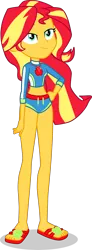 Size: 1504x4070 | Tagged: safe, artist:dustinwatsongkx, derpibooru import, sunset shimmer, human, equestria girls, 2d, apple, applejack's beach shorts swimsuit, beach shorts swimsuit, belly button, clothes, clothes swap, feet, female, food, g4, geode of super strength, hand on hip, image, jewelry, legs, magical geodes, midriff, necklace, png, sandals, simple background, smiling, solo, swimsuit, swimsuit swap, transparent background