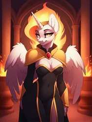 Size: 2304x3072 | Tagged: suggestive, ai content, derpibooru import, machine learning generated, stable diffusion, daybreaker, alicorn, anthro, armor, bedroom eyes, belly button, big breasts, breasts, busty daybreaker, cleavage, clothes, dress, ear fluff, female, fire, g4, generator:easyfluff v11.2, image, jewelry, jpeg, mane of fire, palace, partially open wings, prompter:frostru, regalia, shoulder pads, solo, tight clothing, wings