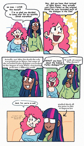 Size: 841x1451 | Tagged: safe, artist:punkittdev, derpibooru import, pinkie pie, twilight sparkle, human, blush lines, blushing, breasts, busty pinkie pie, cleavage, comic, crazy straw, dialogue, drink, duo, duo female, fat, female, g4, glasses, humanized, image, jpeg, light skin, moderate dark skin, pudgy pie, shrek, sitting, smiling, speech bubble