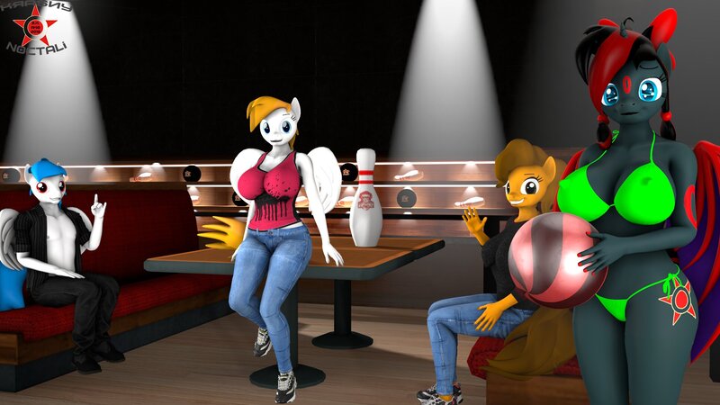 Size: 1920x1080 | Tagged: suggestive, artist:krasny noctali, ponerpics import, oc, oc:krasny noctali, unofficial characters only, anthro, 3d, bowling, breasts, image, jpeg, trio