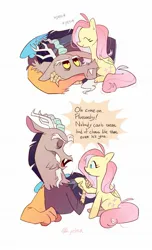 Size: 1243x2048 | Tagged: safe, artist:pelma, derpibooru import, part of a set, discord, fluttershy, draconequus, pegasus, comic, crossed arms, duo, duo male and female, exclamation point, female, holding hoof, image, jpeg, lord of chaos, male, petting, signature, snaggletooth, tsundere