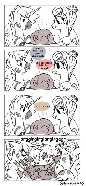 Size: 1885x4096 | Tagged: safe, artist:opalacorn, derpibooru import, oc, oc:void, unofficial characters only, alicorn, bird, pegasus, pony, turkey, zebra, zebra alicorn, ..., comic, dialogue, female, holiday, image, jpeg, male, mare, messy eating, not meat, partial color, simple background, stallion, thanksgiving, white background