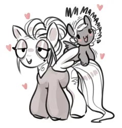 Size: 2238x2338 | Tagged: safe, artist:opalacorn, derpibooru import, oc, oc:void, unofficial characters only, pegasus, pony, baby, baby pony, bags under eyes, clothes, duo, female, floating heart, heart, image, jpeg, male, mare, monochrome, mother and child, mother and son, open mouth, open smile, ponies riding ponies, riding, simple background, smiling, sweater, tired, white background