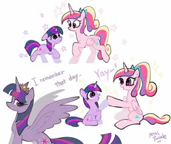 Size: 1440x1212 | Tagged: safe, artist:petaltwinkle, derpibooru import, princess cadance, twilight sparkle, twilight sparkle (alicorn), alicorn, pony, unicorn, female, filly, filly twilight sparkle, heart, heart eyes, image, jpeg, mare, new crown, signature, simple background, spread wings, starry eyes, sunshine sunshine, teen princess cadance, unicorn twilight, white background, wingding eyes, wings, younger