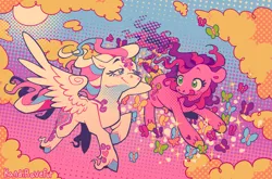 Size: 2273x1500 | Tagged: safe, artist:missugarpink, derpibooru import, skywishes, star catcher, butterfly, earth pony, insect, pegasus, pony, dancing in the clouds, g3, braid, braided tail, duo, female, flying, image, mare, png, scene interpretation, screentone, tail, unshorn fetlocks