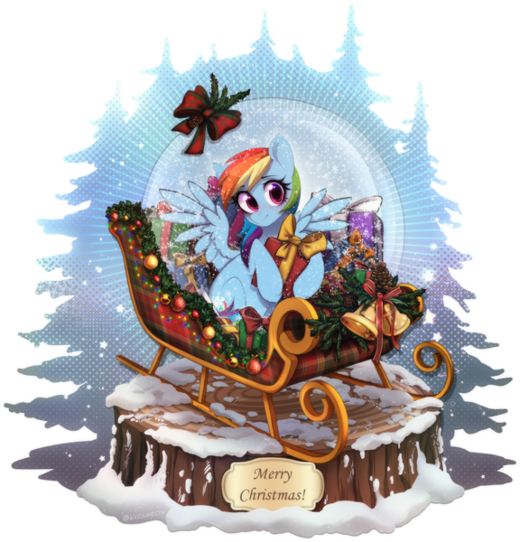 Size: 2486x2591 | Tagged: safe, artist:avrameow, derpibooru import, rainbow dash, earth pony, pegasus, pony, christmas, female, high res, holiday, hoof hold, image, mare, merry christmas, png, present, simple background, sleigh, snow globe, solo, spread wings, transparent background, wings