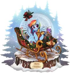 Size: 2486x2591 | Tagged: safe, artist:avrameow, derpibooru import, rainbow dash, earth pony, pegasus, pony, christmas, female, high res, holiday, hoof hold, image, mare, merry christmas, png, present, simple background, sleigh, snow globe, solo, spread wings, transparent background, wings