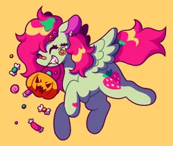 Size: 1472x1242 | Tagged: safe, artist:missugarpink, derpibooru import, oc, unofficial characters only, pegasus, pony, bandaid, bandaid on nose, candy, commission, ear piercing, earring, female, food, hairclip, image, jewelry, mare, piercing, png, pumpkin bucket, simple background, solo, ych result