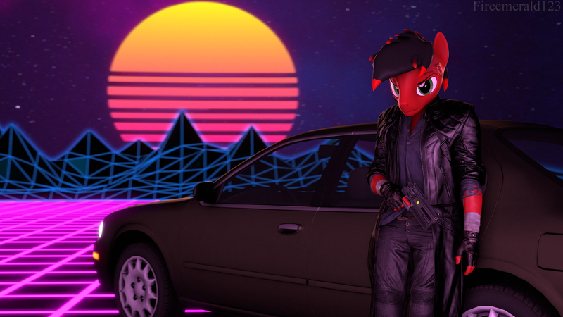 Size: 3840x2160 | Tagged: safe, artist:fireemerald123, derpibooru import, oc, oc:page feather, unofficial characters only, 3d, car, clothes, gun, handgun, image, jacket, leather, leather jacket, png, revolver, solo, source filmmaker, trenchcoat, vaporwave, voidpunk, watermark, weapon