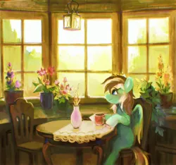 Size: 2668x2496 | Tagged: safe, artist:dearmary, derpibooru import, oc, unofficial characters only, pegasus, pony, chair, flower, flower pot, image, jpeg, lantern, male, sitting, solo, stallion, table, window