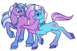 Size: 6000x4000 | Tagged: safe, artist:wtfponytime, derpibooru import, pony, g2, g5, auroricorn, comet (g5), duo, g5 to g2, generation leap, horn, horn jewelry, image, jewelry, looking at each other, looking at someone, necklace, png, prancing, smiling, sparkles, sparkly hooves, sparkly mane, sparkly tail, tail, unshorn fetlocks, violet frost, walking