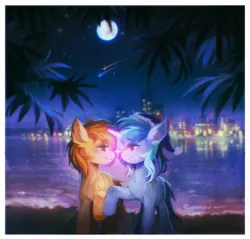 Size: 2048x1959 | Tagged: safe, artist:dearmary, derpibooru import, oc, unofficial characters only, earth pony, pony, unicorn, christmas, city, duo, ear fluff, freckles, full moon, glow, glowing horn, hat, holding hooves, holiday, horn, image, jpeg, looking at each other, looking at someone, moon, night, oc x oc, santa hat, shipping, shooting star, stars