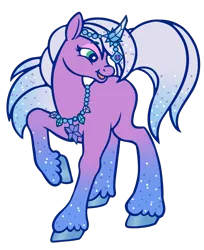 Size: 3263x4000 | Tagged: safe, artist:wtfponytime, derpibooru import, pony, g2, g5, auroricorn, g5 to g2, generation leap, horn, horn jewelry, image, jewelry, looking at someone, necklace, png, simple background, smiling, solo, sparkles, sparkly hooves, sparkly mane, sparkly tail, tail, transparent background, unshorn fetlocks, violet frost