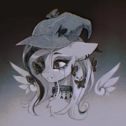 Size: 2000x2000 | Tagged: safe, artist:dearmary, derpibooru import, fluttershy, butterfly, insect, pegasus, pony, bust, butterfly on nose, choker, emoshy, female, g4, hat, image, insect on nose, makeup, mare, png, running makeup, solo, witch hat