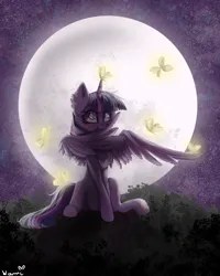 Size: 3334x4167 | Tagged: safe, artist:kamikami1234, derpibooru import, twilight sparkle, twilight sparkle (alicorn), alicorn, butterfly, insect, pony, ear fluff, female, full moon, grooming, image, mare, moon, night, png, preening, solo, sparkly eyes, wingding eyes, wings
