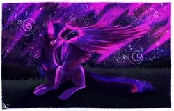 Size: 8334x5300 | Tagged: safe, artist:kamikami1234, derpibooru import, twilight sparkle, twilight sparkle (alicorn), alicorn, pony, absurd file size, absurd resolution, binoculars, female, g4, image, large wings, long tail, lying down, mare, night, png, prone, slim, solo, spread wings, stargazing, starry sky, stars, tail, thin, turned head, wings