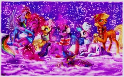 Size: 8500x5300 | Tagged: safe, artist:kamikami1234, derpibooru import, applejack, fluttershy, pinkie pie, rainbow dash, rarity, spike, twilight sparkle, dragon, earth pony, pegasus, pony, rabbit, unicorn, angel, animal, beanie, boots, christmas, clothes, female, hat, holiday, image, male, mane seven, mane six, mare, png, scarf, shoes, snow, snowfall, striped scarf, toy, unicorn twilight