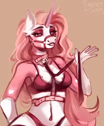 Size: 1280x1554 | Tagged: suggestive, artist:sweettsa1t, derpibooru import, oc, unofficial characters only, anthro, unicorn, bra, bridle, clothes, collar, ear fluff, female, harness, image, jpeg, leash, simple background, tack, underwear