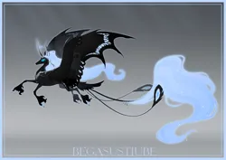 Size: 1280x906 | Tagged: safe, artist:begasus, derpibooru import, oc, oc:mothary, unofficial characters only, alicorn, original species, pony, alicorn oc, bird tail, concave belly, curved horn, ethereal mane, ethereal tail, female, horn, image, large wings, leonine tail, long horn, mare, peytral, png, solo, tail, thin legs, unshorn fetlocks, wings